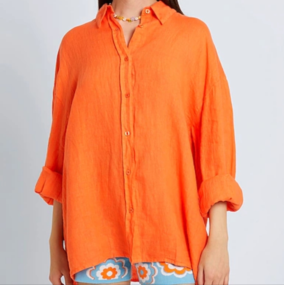8 by YOOX Linen Bright Orange Button-Up Oversized Shirt Size 40/XL